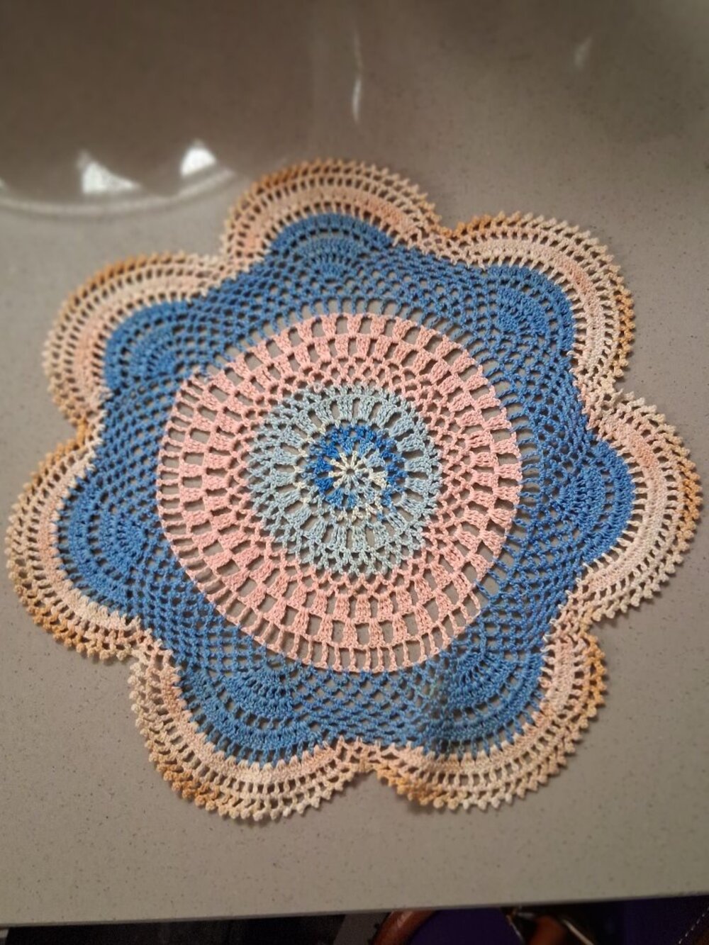 Vintage Handmade Crochet Doily Blue Pink Peach Ombre